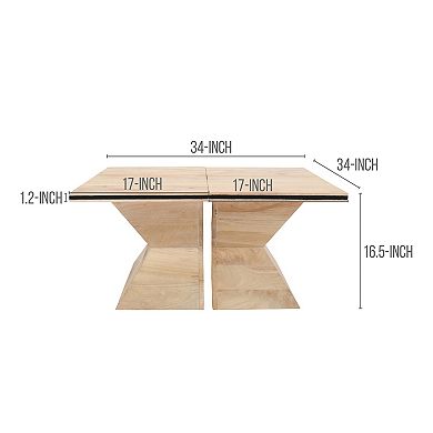34 Inch Coffee Table, Handcrafted 2 Piece Split Design With Hourglass Base, White Washed Mango Wood
