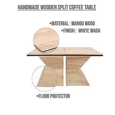 34 Inch Coffee Table, Handcrafted 2 Piece Split Design With Hourglass Base, White Washed Mango Wood