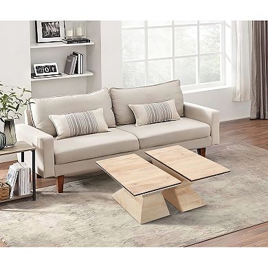 34 Inch Coffee Table, Handcrafted 2 Piece Split Design With Hourglass Base, White Washed Mango Wood