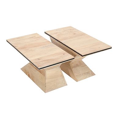 34 Inch Coffee Table, Handcrafted 2 Piece Split Design With Hourglass Base, White Washed Mango Wood