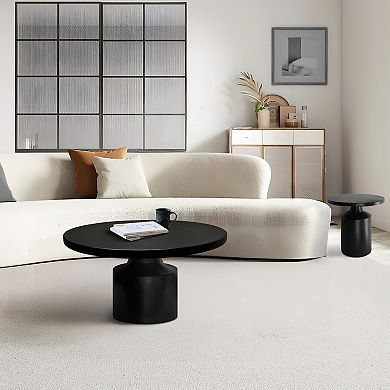 Zoe 30 Inch Round Coffee Table With Pedestal Base, Sleek Modern, Matte Black Powder Coated Metal