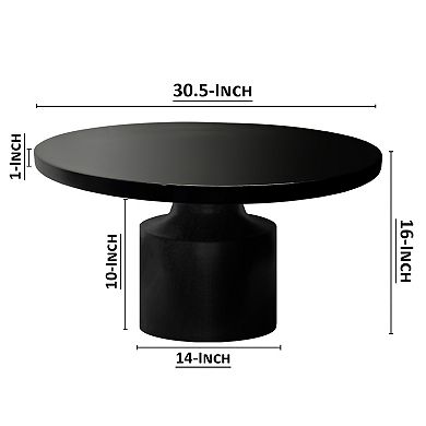 Zoe 30 Inch Round Coffee Table With Pedestal Base, Sleek Modern, Matte Black Powder Coated Metal