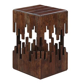 24 Inch Accent Side End Table, Brown Acacia Wood, Slat Square Top, Handcrafted Abstract , Black Iron