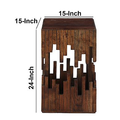 24 Inch Accent Side End Table, Brown Acacia Wood, Slat Square Top, Handcrafted Abstract , Black Iron
