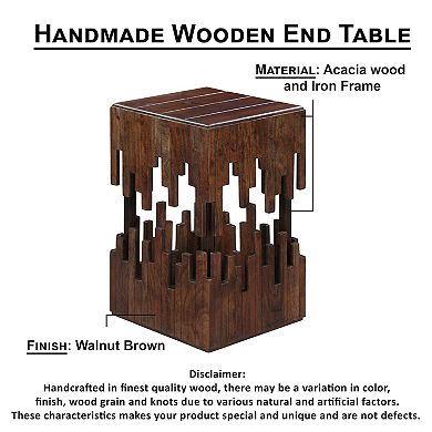 24 Inch Accent Side End Table, Brown Acacia Wood, Slat Square Top, Handcrafted Abstract , Black Iron