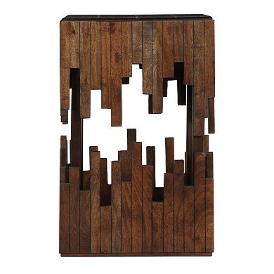 24 Inch Accent Side End Table, Brown Acacia Wood, Slat Square Top, Handcrafted Abstract , Black Iron