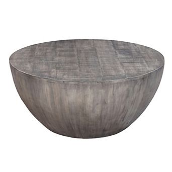 36 Inch Round Coffee Table, Handcrafted Drum Shape, Mango Wood With Olive Gray Finish