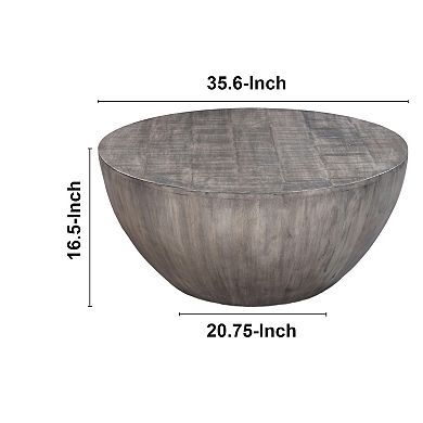36 Inch Round Coffee Table, Handcrafted Drum Shape, Mango Wood With Olive Gray Finish