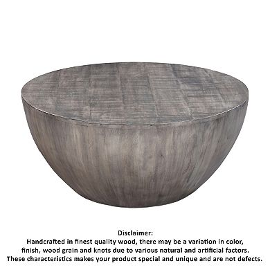36 Inch Round Coffee Table, Handcrafted Drum Shape, Mango Wood With Olive Gray Finish