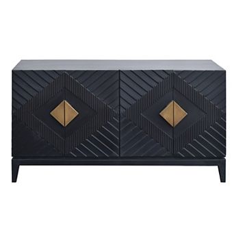 Abiel 55 Inch Sideboard Buffet Console With 2 Door, Brass Coated Handle, Matte Black Mango Wood