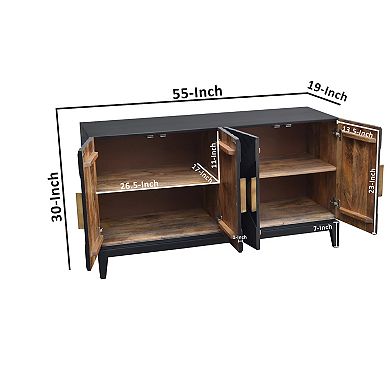 Abiel 55 Inch Sideboard Buffet Console With 2 Door, Brass Coated Handle, Matte Black Mango Wood