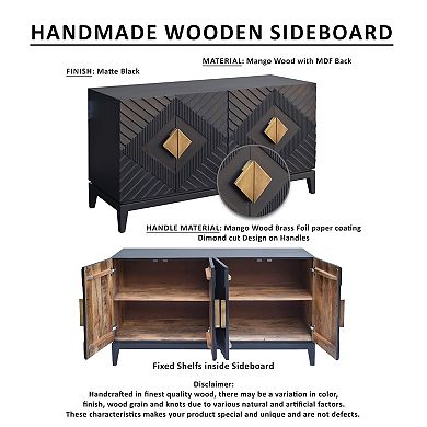 Abiel 55 Inch Sideboard Buffet Console With 2 Door, Brass Coated Handle, Matte Black Mango Wood