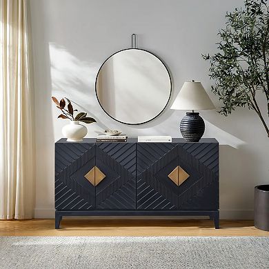 Abiel 55 Inch Sideboard Buffet Console With 2 Door, Brass Coated Handle, Matte Black Mango Wood