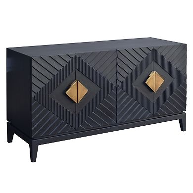 Abiel 55 Inch Sideboard Buffet Console With 2 Door, Brass Coated Handle, Matte Black Mango Wood