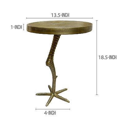 19 Inch Side End Table, Brass Aluminum Cast, Round Top with Handcrafted Textured Crane Leg Stem