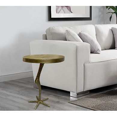 19 Inch Side End Table, Brass Aluminum Cast, Round Top with Handcrafted Textured Crane Leg Stem