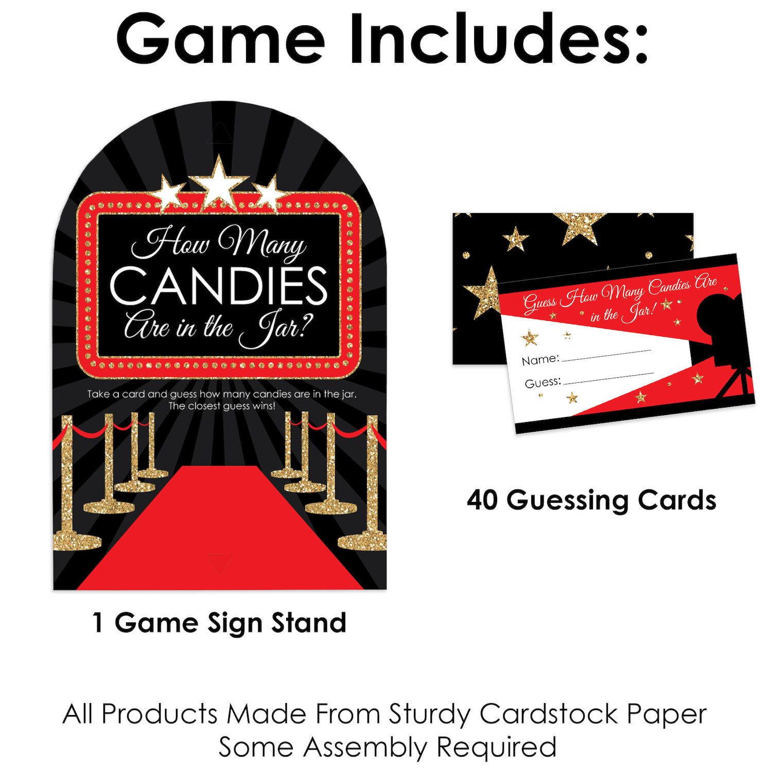 Red Carpet Hollywood Candy Guessing Game - Movie Night Party Game With Stand & 40 Cards