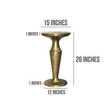 26 Inch Accent Side End Table, Round Aluminum Cast Top, Pedestal Base, Antique Brass