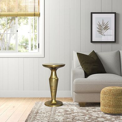 26 Inch Accent Side End Table, Round Aluminum Cast Top, Pedestal Base, Antique Brass