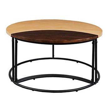 35 Inch 2 pc Coffee Table With Black Iron Frame, Mango Wood Top In Natural Brown And Walnut