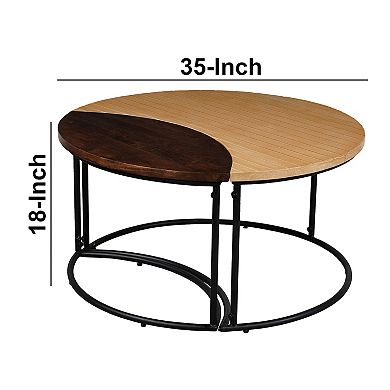 35 Inch 2 Piece Coffee Table With Black Iron Frame, Mango Wood Top In Natural Brown And Walnut