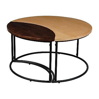 35 Inch 2 Piece Coffee Table With Black Iron Frame, Mango Wood Top In Natural Brown And Walnut