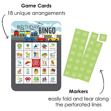 Big Dot Of Happiness Cars, Trains, & Airplanes Cards/markers Birthday Shaped Bingo Game 18 Ct