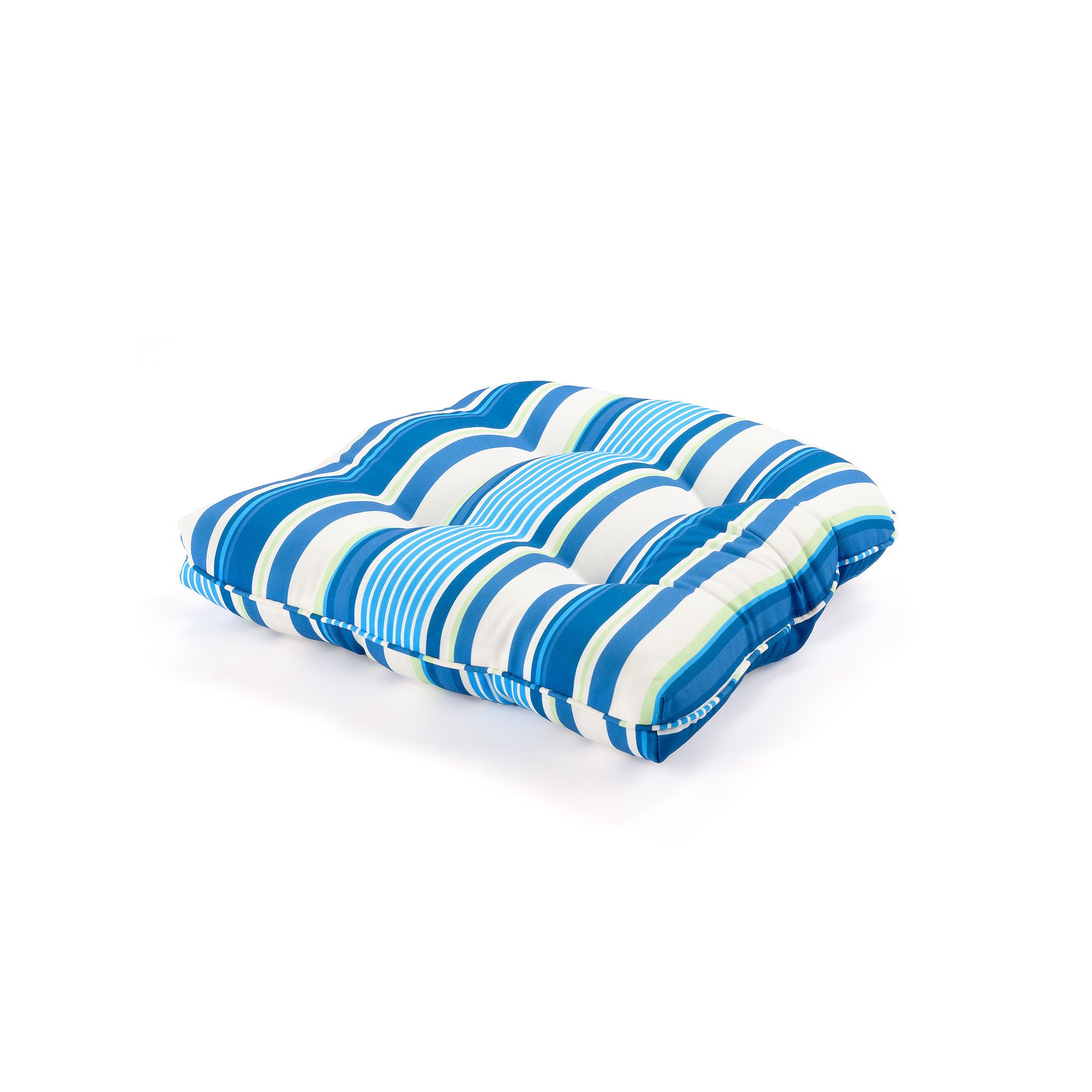 Lillian Outdoor Tufted Chair Cushion, Beach Stripe Blue Grn