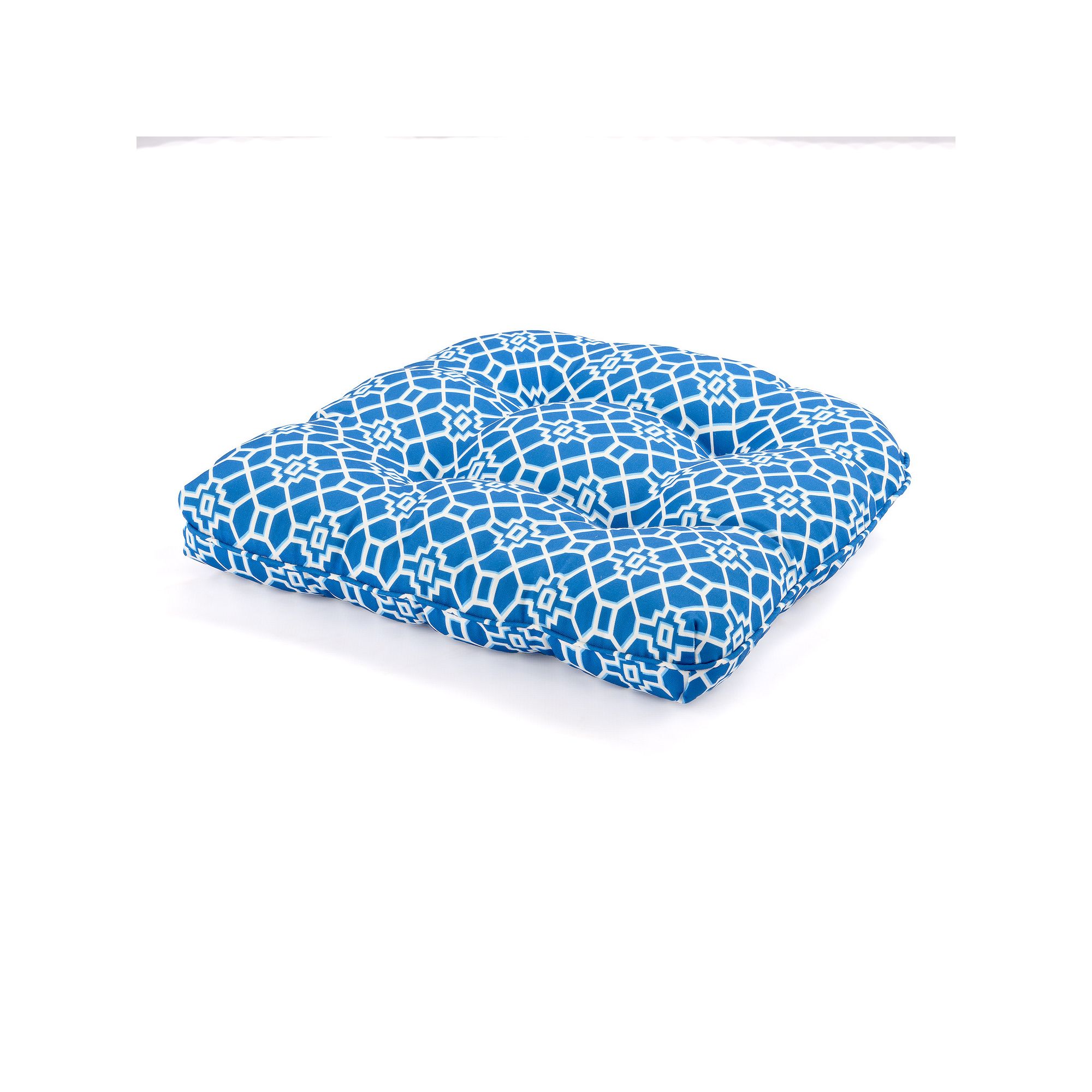 Lillian Outdoor Tufted Chair Cushion, Coastal Lattice Blue