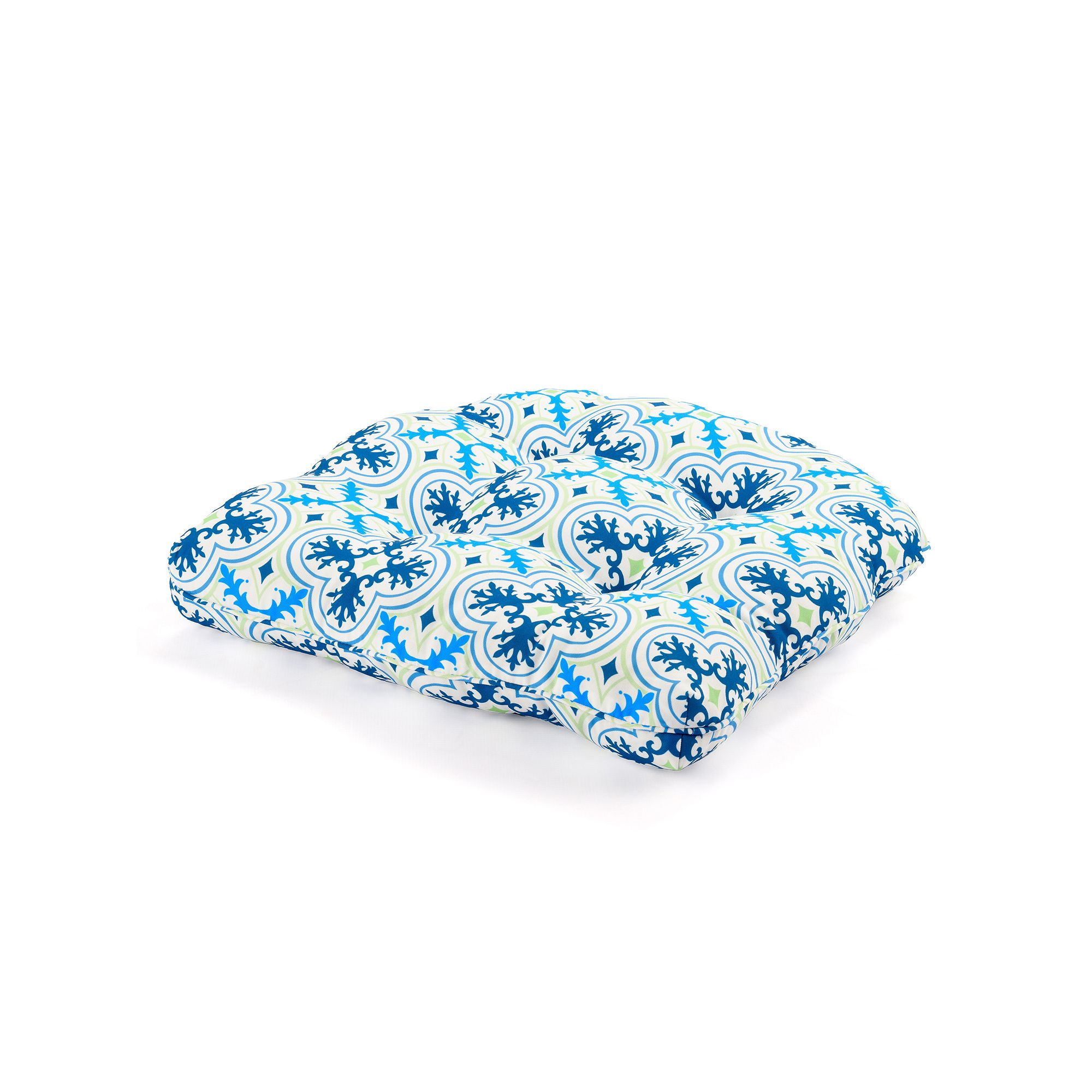 Lillian Outdoor Tufted Chair Cushion, Porto Tile Blue Grn