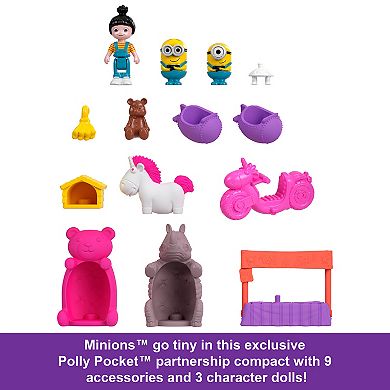 Polly Pocket Minions Compact Playset with 9 Accessories, 1 Doll, 2 Minions and Unicorn Toy
