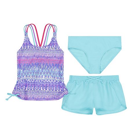 Girls 4-16 ZeroXposur Waka Waka Triple Strap Tankini with Shorts 3 pc Swim Set