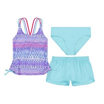 Girls 4-16 ZeroXposur Waka Waka Triple Strap Tankini with Shorts 3 pc Swim Set