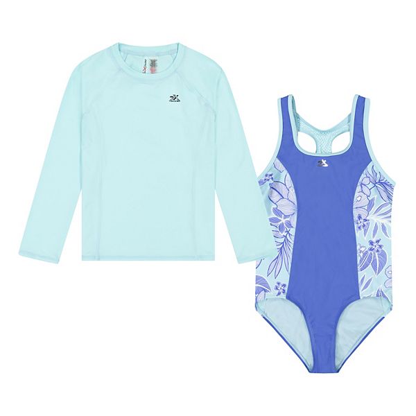 Girls 4-16 ZeroXposur Maui Printed Side 1-Piece with Sun Top 2