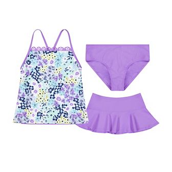 Girls 4-16 ZeroXposur Savanna Scallop Lasercut Tankini Set with Skirt 3 pc Swim Set