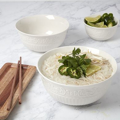 Tabletops Gallery 3-pc. Medici Embossed White Bowl Set