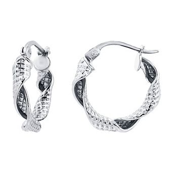 Aleure Precioso Sterling Silver 15 mm Textured & Polished Ribbon Twist Hoop Earrings