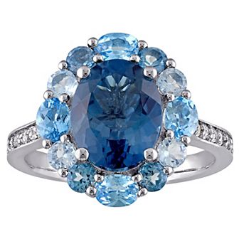 Stella Grace Sterling Silver London, Swiss, & Sky Blue Topaz Halo Ring