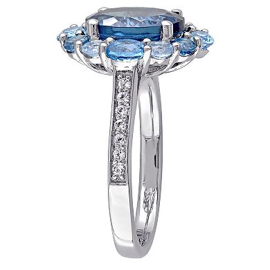 Stella Grace Sterling Silver London, Swiss, & Sky Blue Topaz Halo Ring