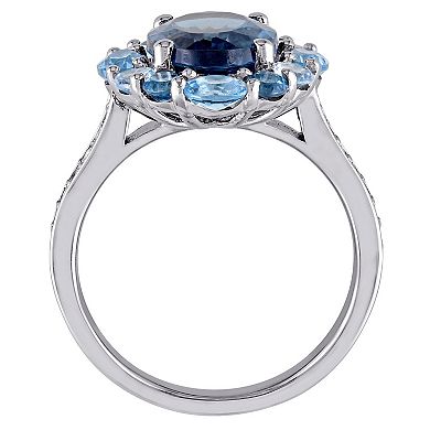 Stella Grace Sterling Silver London, Swiss, & Sky Blue Topaz Halo Ring