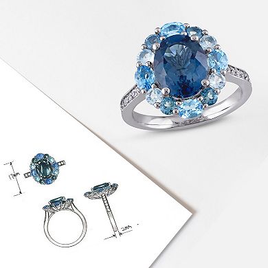 Stella Grace Sterling Silver London, Swiss, & Sky Blue Topaz Halo Ring