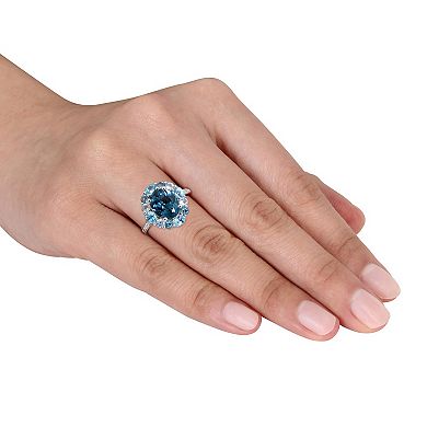 Stella Grace Sterling Silver London, Swiss, & Sky Blue Topaz Halo Ring