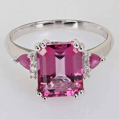 Stella Grace Sterling Silver Pink Topaz, Ruby & Diamond Accent 3-Stone Ring