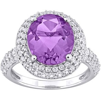 Stella Grace Sterling Silver Amethyst & White Topaz Double Halo Ring