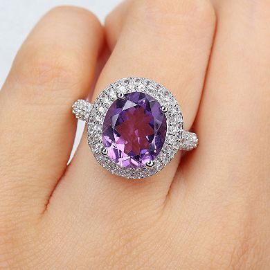 Stella Grace Sterling Silver Amethyst & White Topaz Double Halo Ring