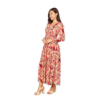 Fashnzfab Floral Frill Trim Flounce Sleeve Plunge Maxi Dress