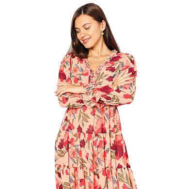 Fashnzfab Floral Frill Trim Flounce Sleeve Plunge Maxi Dress