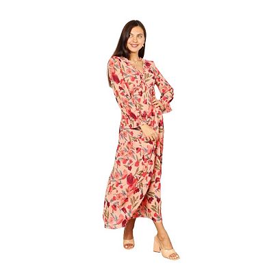 Fashnzfab Floral Frill Trim Flounce Sleeve Plunge Maxi Dress