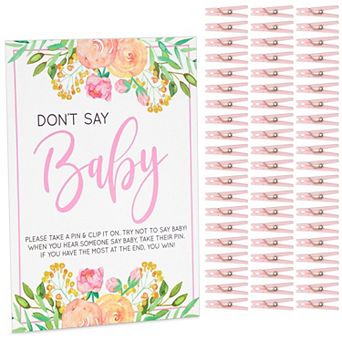Girl Baby Shower Clothespin Game, Don't Say Baby Theme W/ 60 Pink Clothes Pins