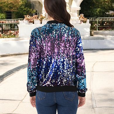 Women's Sequin Sparkle Front Zip Casual Blazer Bomber Jacket With Pockets